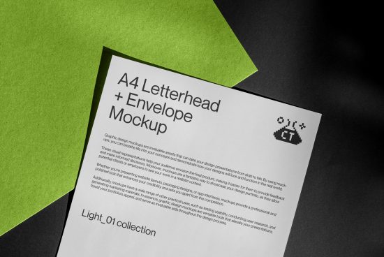 A4 letterhead and envelope mockup on black and green background for design presentation, corporate branding mockup, graphic design assets.